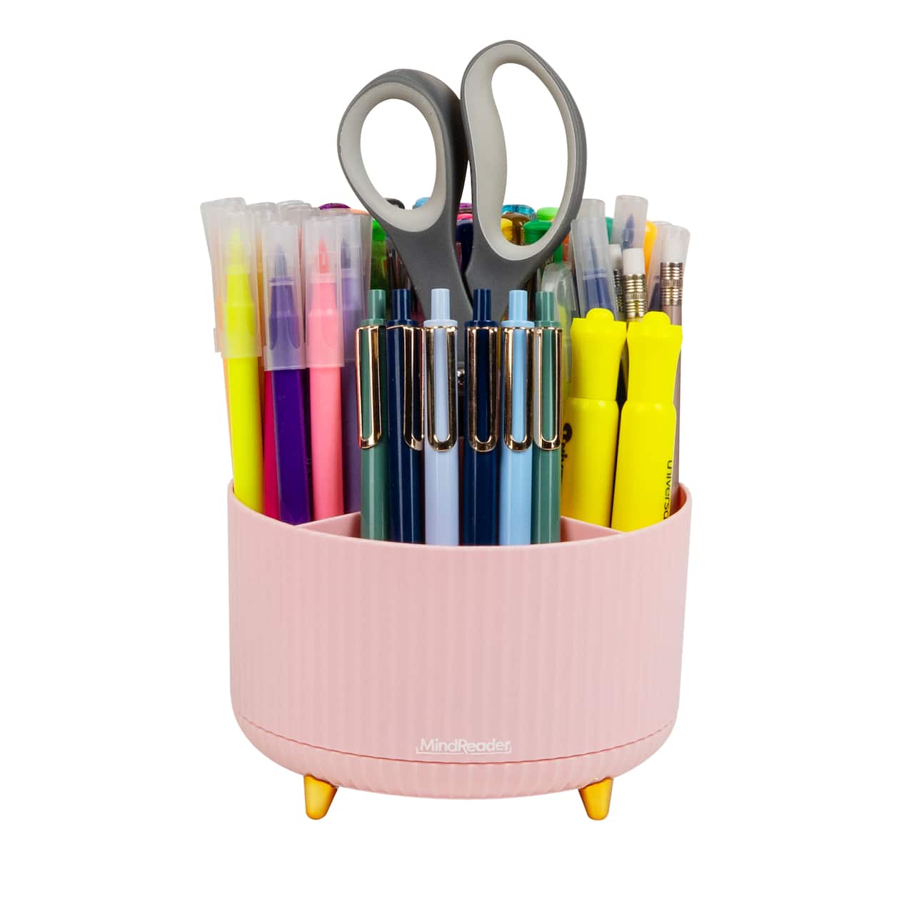 Mind Reader Rotating Pen Cup, 5-Compartment Accessory Holder for Desk Supplies, Pink
